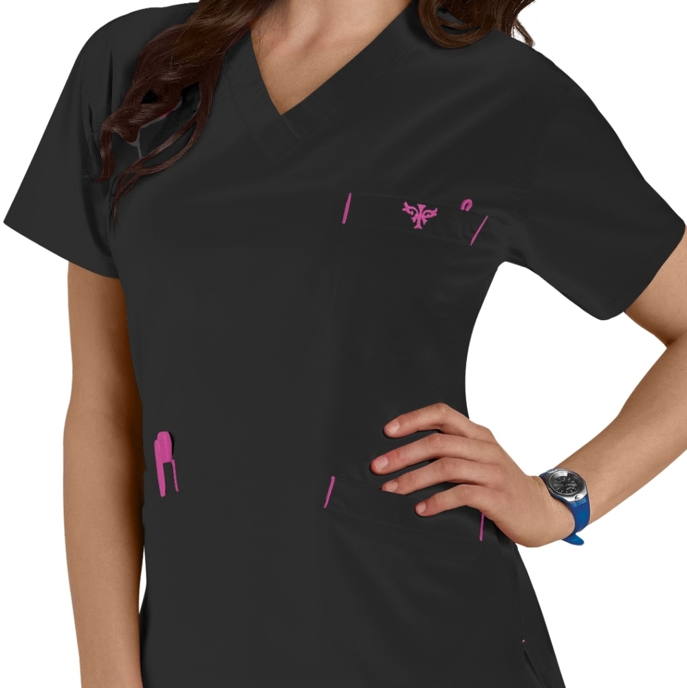 Med Couture Scrub Set, L Top Black w/Raspberry Trim, M Pants Black w/Blu